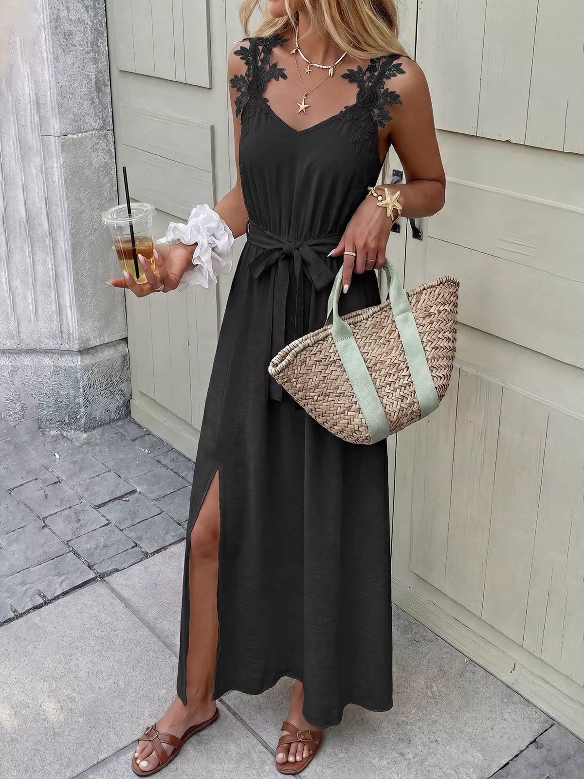 Lace Trim Tie-Detail Slit Maxi Dress – photo 2