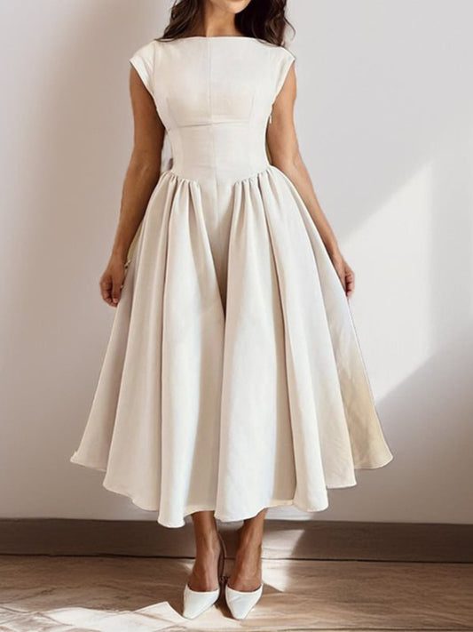 Cap Sleeve A-Line Midi Dress with Backless Design – Plus Size in Beige