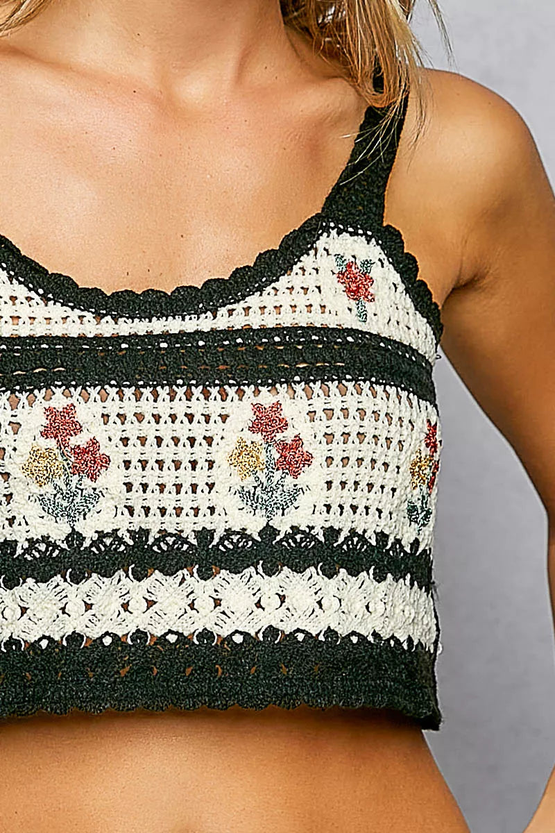 Floral Embroidered Cropped Crochet Cami with Scalloped Hem closeup — Livostyle