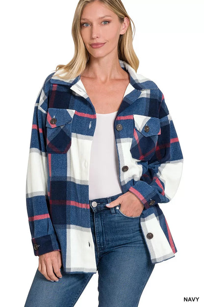 Oversized Plaid Fleece Shacket detail — Livostyle