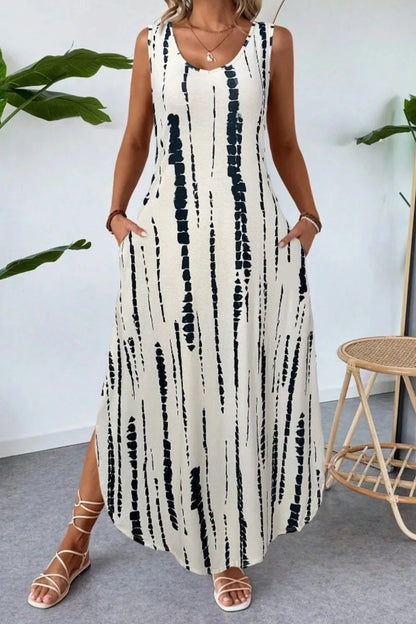 Scoop Neck Sleeveless Dress with Pockets in Beige
