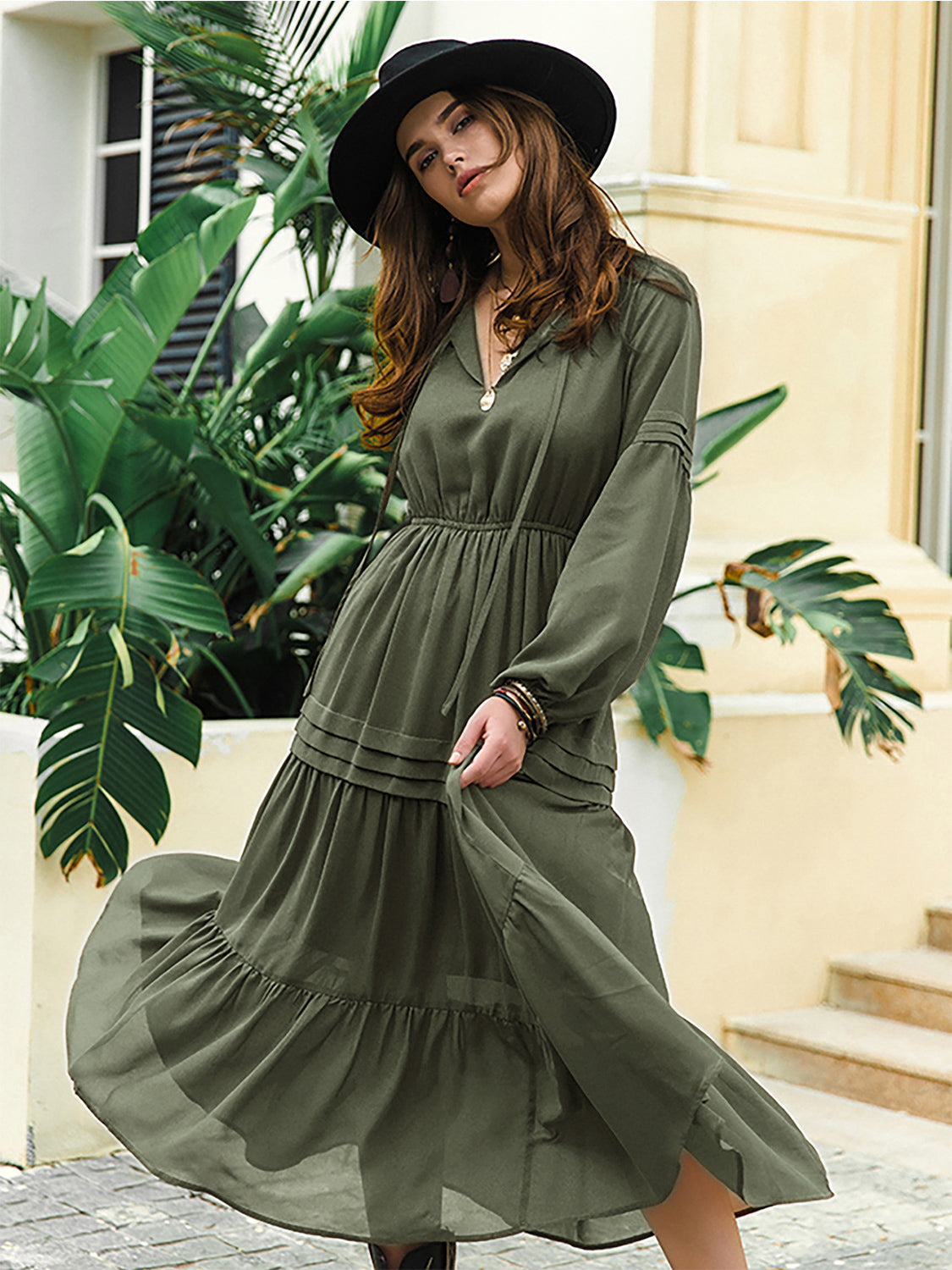 Tie Neck Long Sleeve Tiered Midi Dress – photo 20