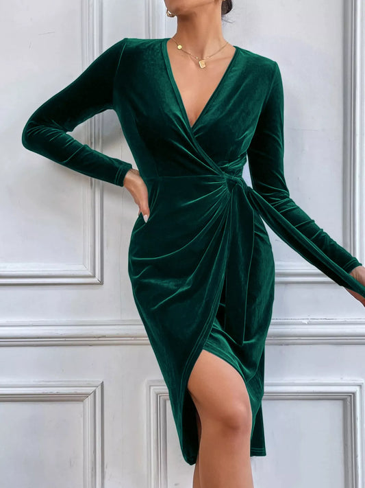 Velvet Twist Wrap Long Sleeve Slit Midi Dress in Dark Green