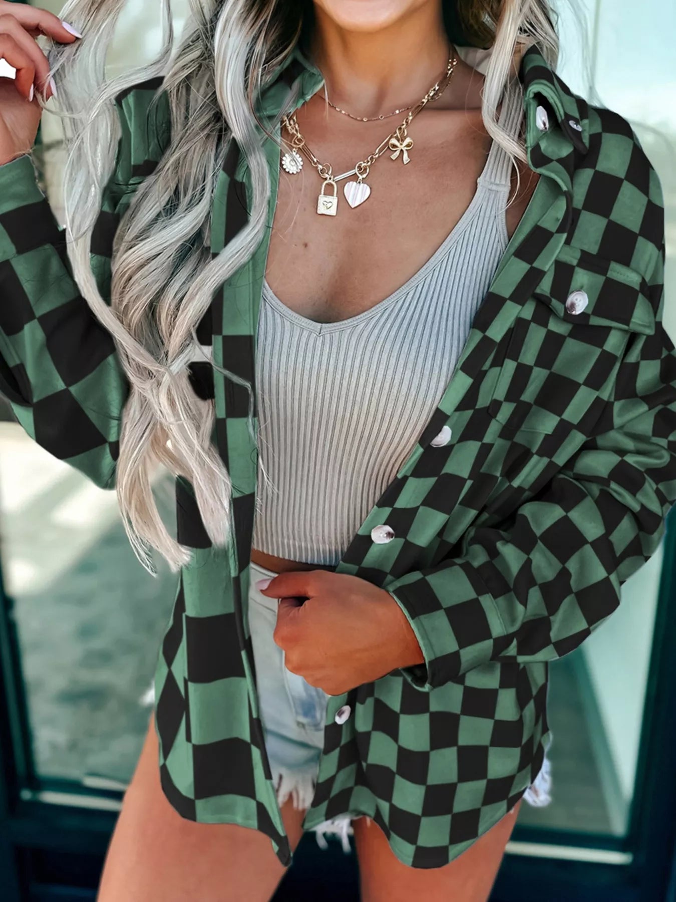 Checkered Pattern Button Up Oversized Jacket — Livostyle