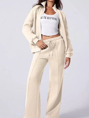 Drop Shoulder Zip-Up Jacket and Drawstring Pants Active Set in Beige