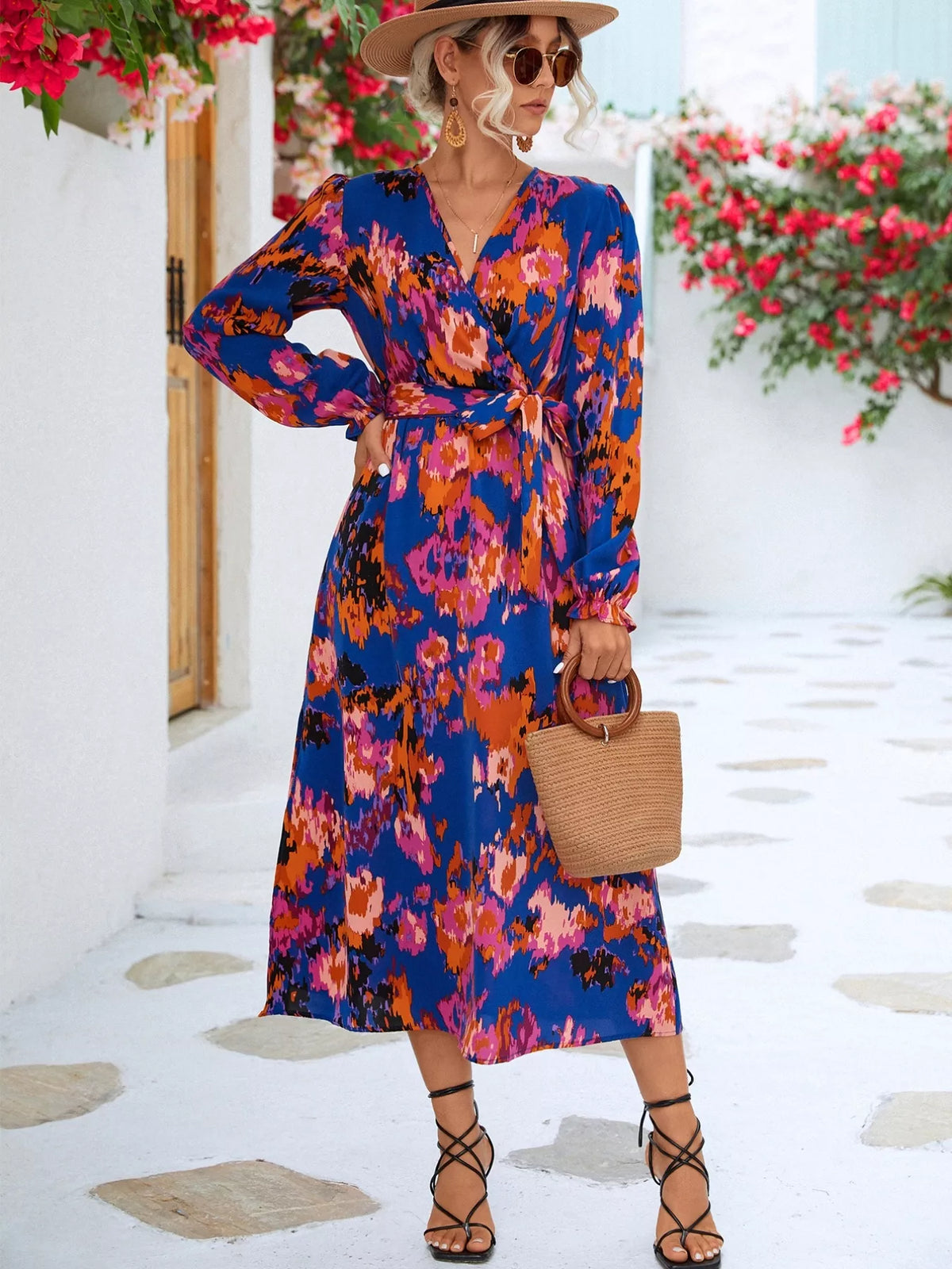 Printed Belted Surplice Long Sleeve Midi Dress with Slit in Royal Blue