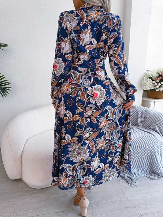 Tied Printed Long Sleeve Midi Dress with Buttons