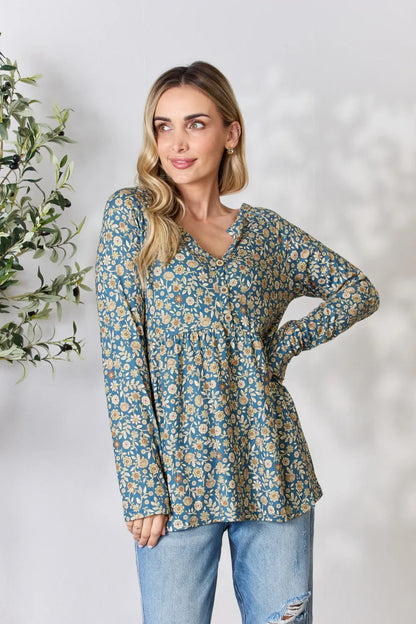 Chic Floral Print Long Sleeve Top with Notched Neckline — Livostyle