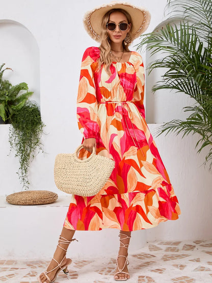 Printed Long Sleeve Midi Dress with Tie Detail – photo 6
