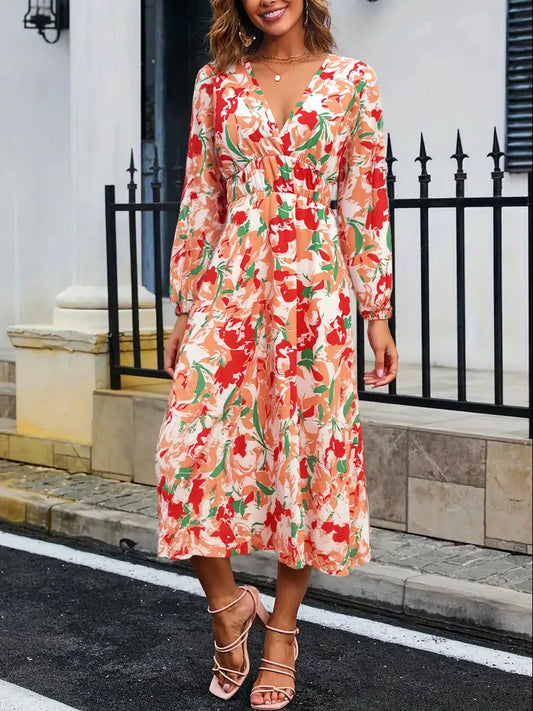 Floral Long Sleeve Wrap Midi Dress in Sherbet