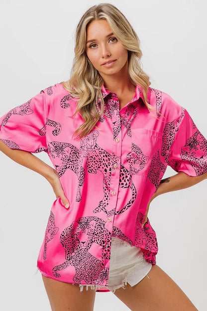 Stylish Satin Leopard Print Shirt with Short Sleeves — Livostyle