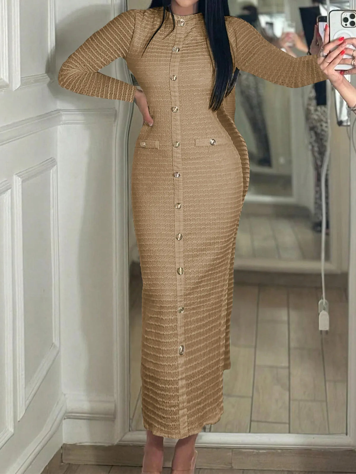 Textured Long Sleeve Midi Dress with Buttons in Khaki