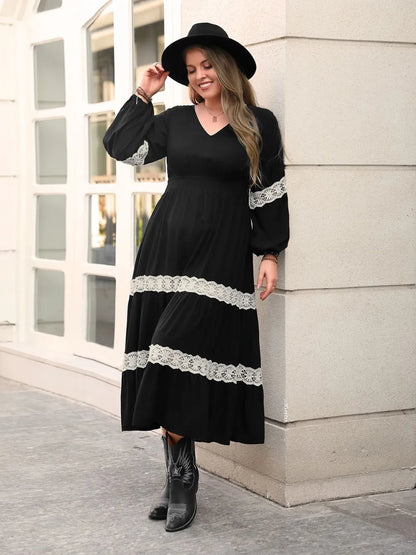 Lace Detail Openwork V-Neck Long Sleeve Midi Dress – Plus Size – photo 4