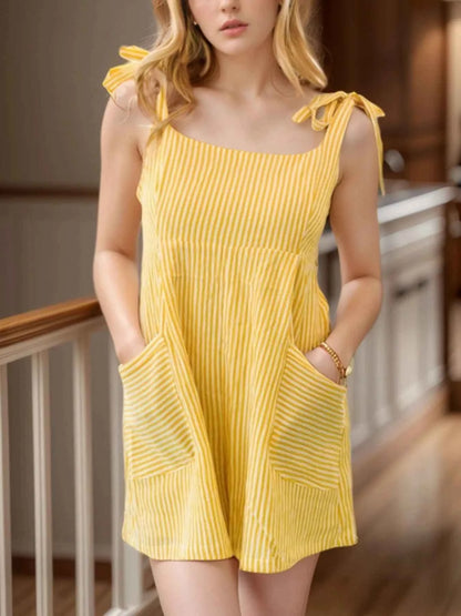 Stripe Shoulder Tie Smocked Back Casual Romper — Livostyle