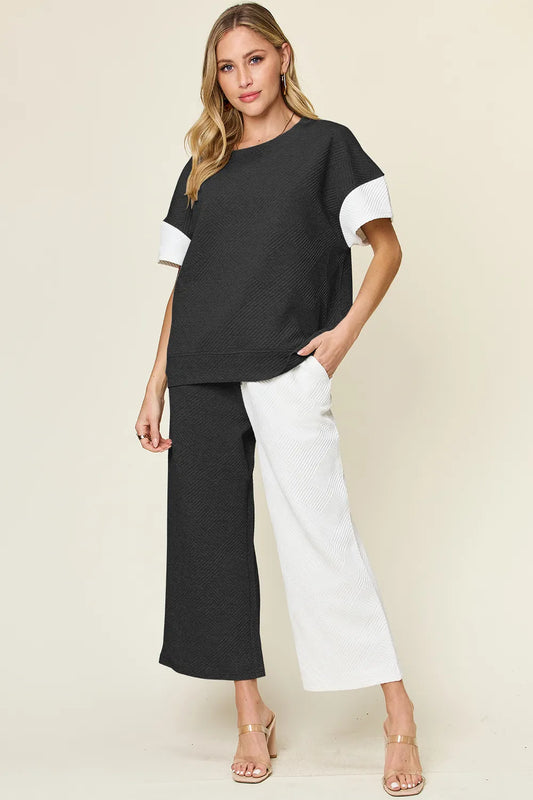 Texture Contrast T-Shirt and Wide Leg Pants Set — Livostyle