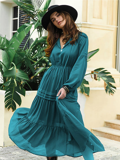 Tie Neck Long Sleeve Tiered Midi Dress in Dark Blue
