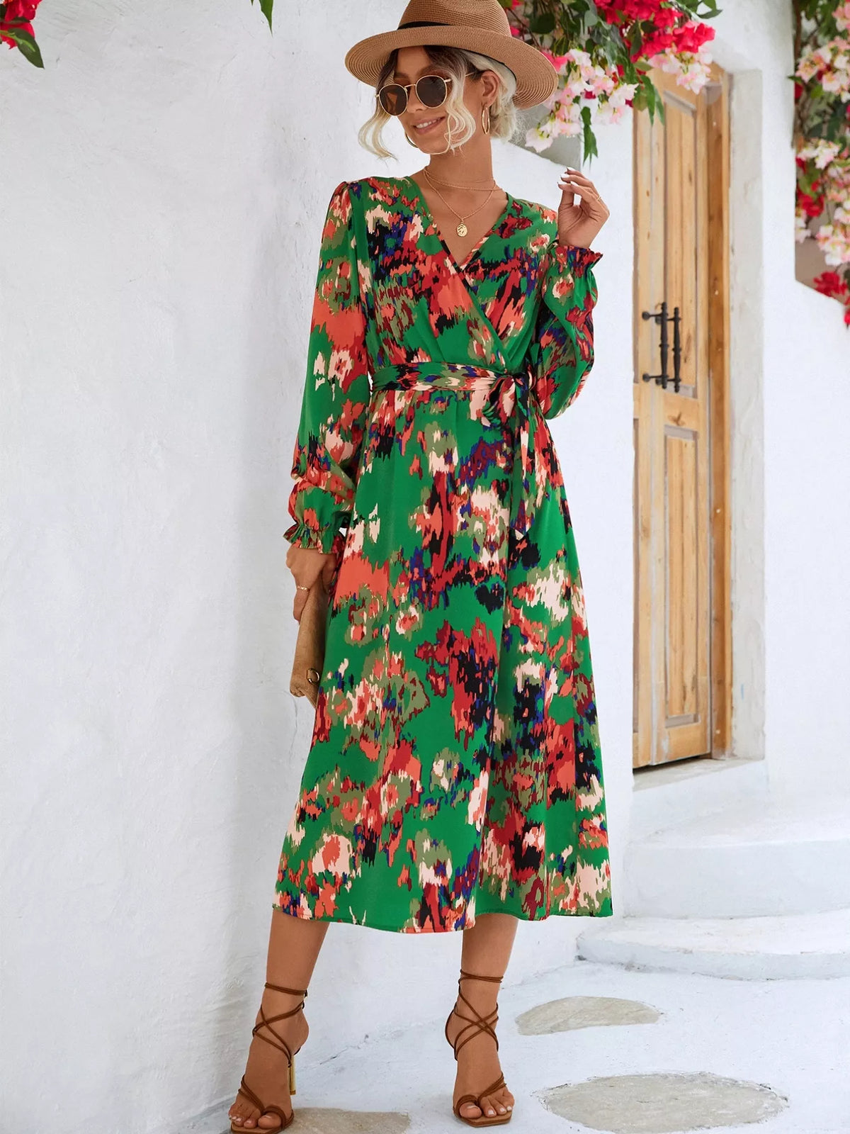 Printed Belted Surplice Long Sleeve Midi Dress with Slit – photo 4