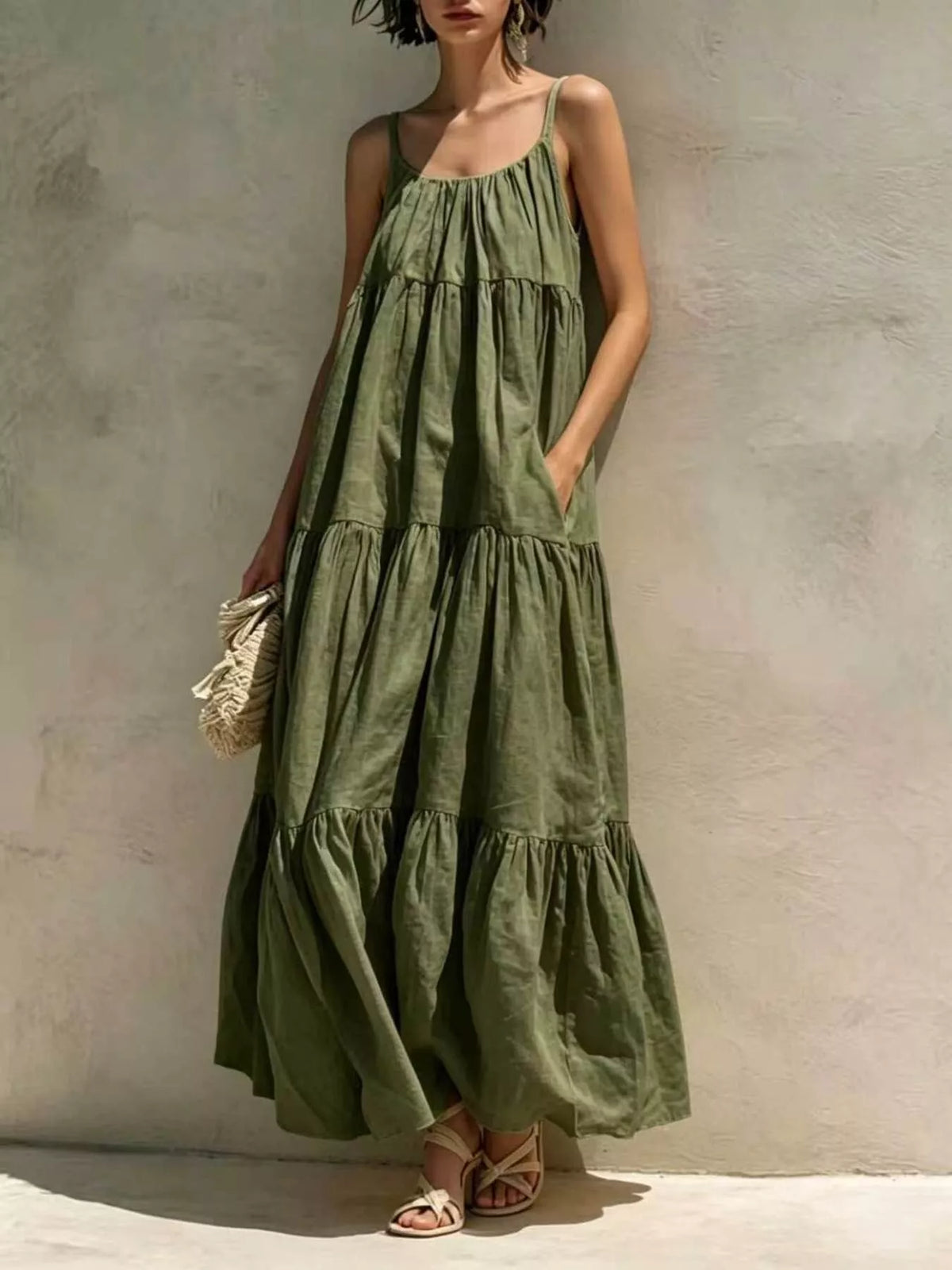 Tiered Scoop Neck Maxi Dress with Pockets in Army Green