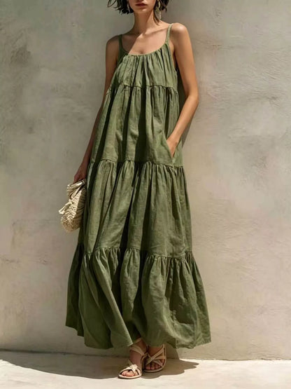 Tiered Scoop Neck Maxi Dress with Pockets in Army Green