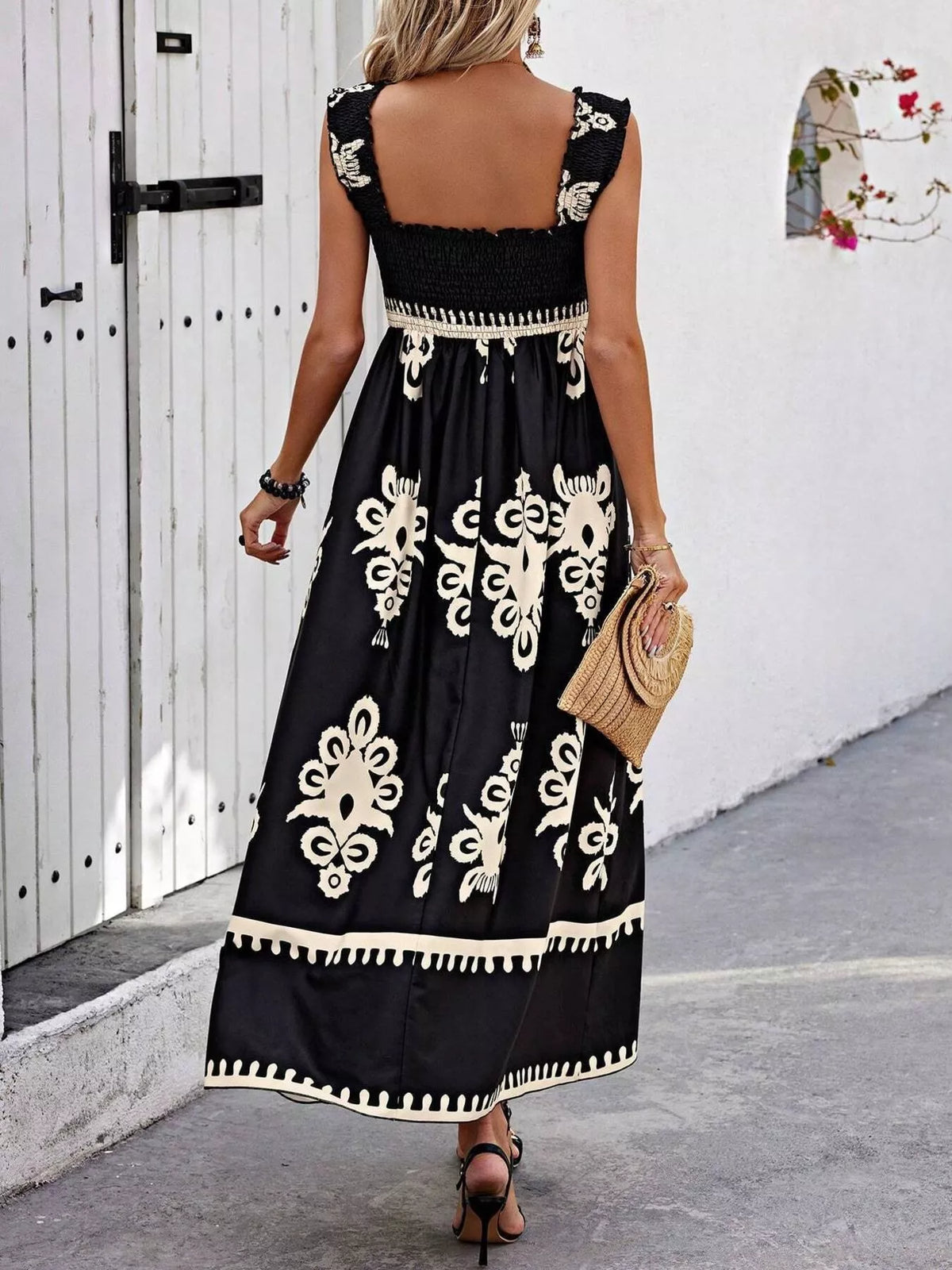 Smocked Printed Square Neck Ruffle Maxi Dress – photo 13