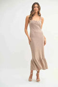 Ruffled Hem Sleeveless Crochet Knit Midi Dress in Mocha