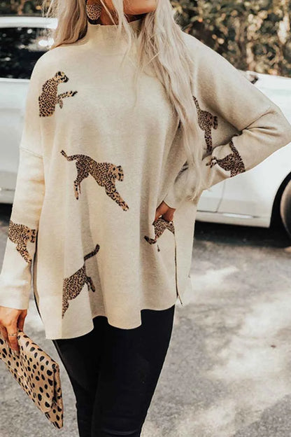 Animal Pattern Mock Neck Long Sleeve Slit Sweater — Livostyle