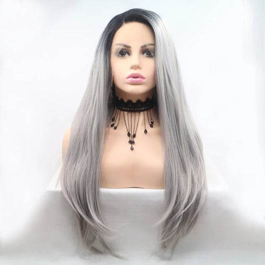 24" Lace Front Synthetic Wig in Silver Ombre, Long Straight — Livostyle