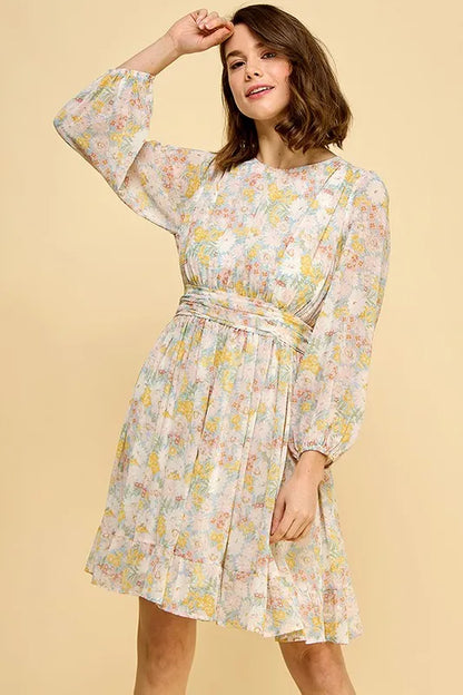 Floral Print Chiffon Belted Dress with Chic Back Zipper Detail — Livostyle