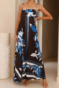 Printed Square Neck Cami Maxi Dress with Slit and Tie in Black And Blue Print