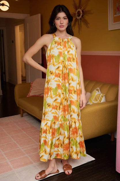 Watercolor Print Halter Neck Satin Maxi Dress — Livostyle