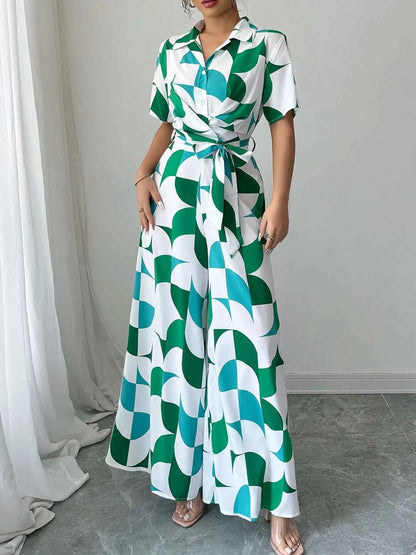 Geometric Print Belted Wide Leg Jumpsuit — Livostyle