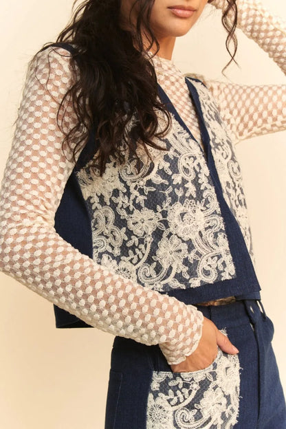 Lace Patch Open Front Denim Vest — Livostyle