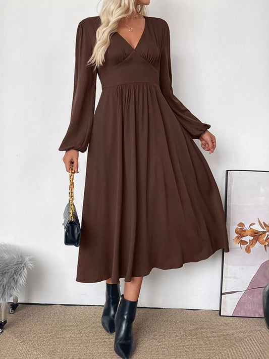 V-Neck Long Sleeve Smocked A-Line Midi Dress