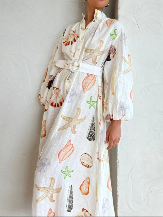 Printed Balloon Sleeve Maxi Shirt Dress with Tie in Beige