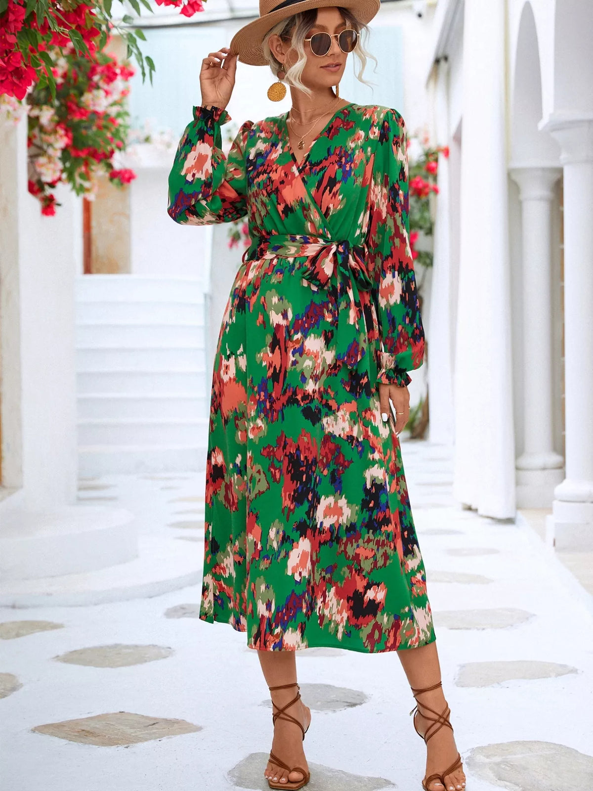 Printed Belted Surplice Long Sleeve Midi Dress with Slit – photo 5