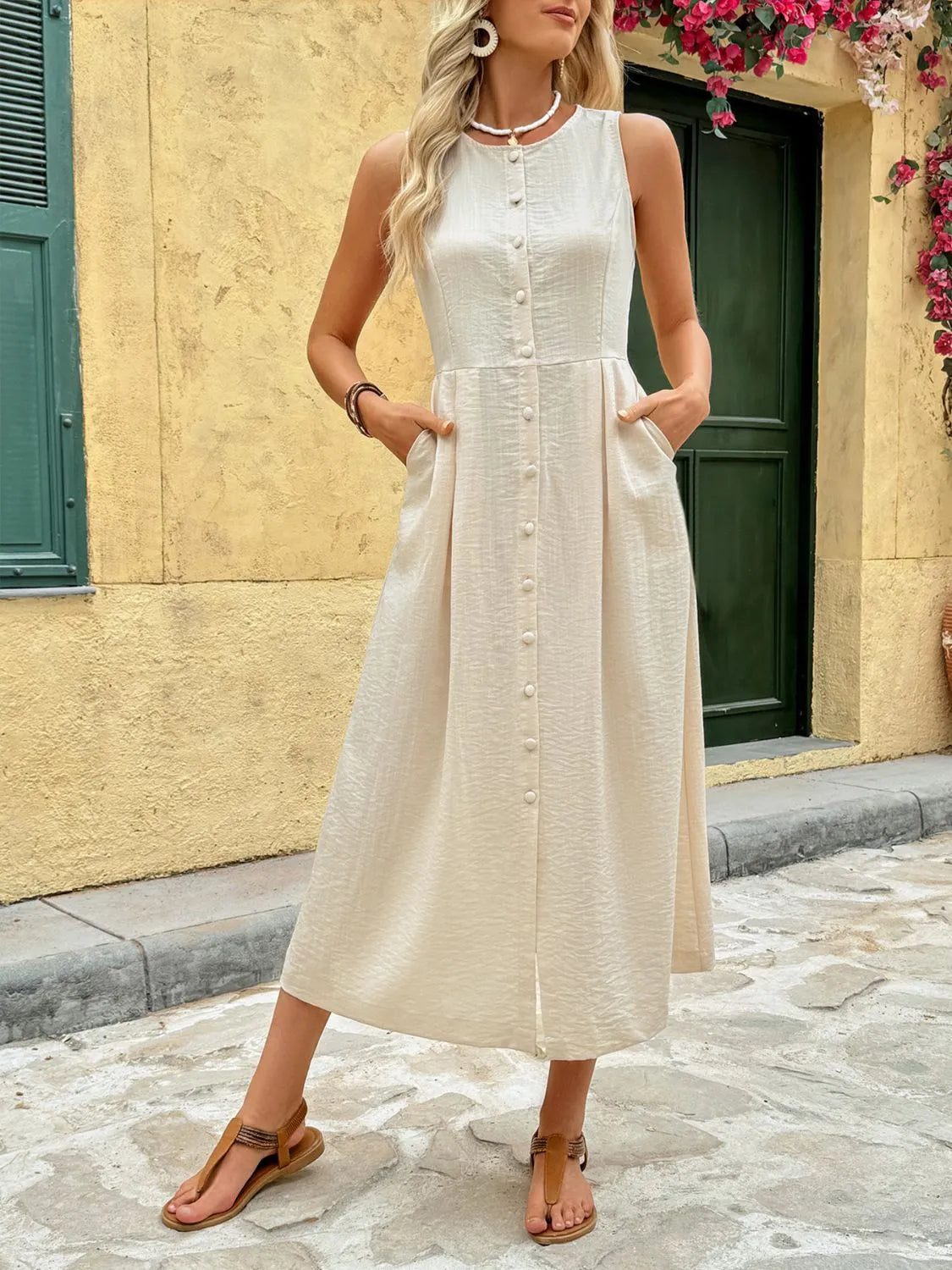 Round Neck Sleeveless Midi Dress in Beige