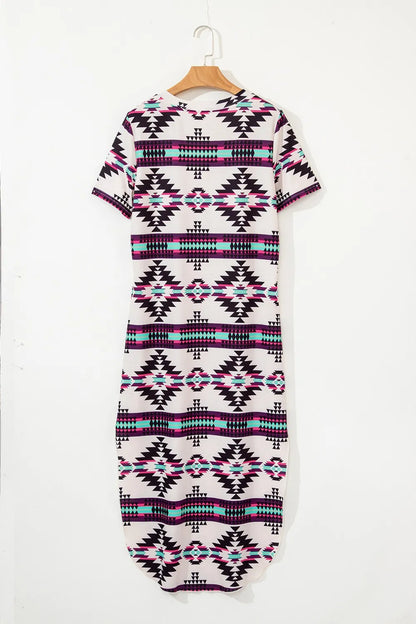 Aztec Print V-Neck Midi Dress with Split Hem – photo 8