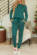Candy Cane Print Round Neck Top and Pants Lounge Set — Livostyle