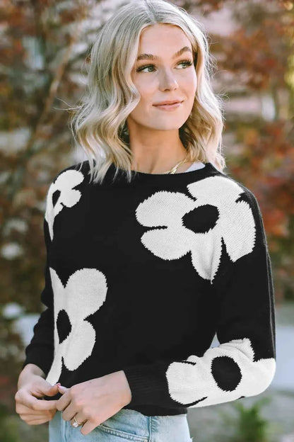Round Neck Floral Pattern Color Contrast Design Long Sleeve Sweater — Livostyle