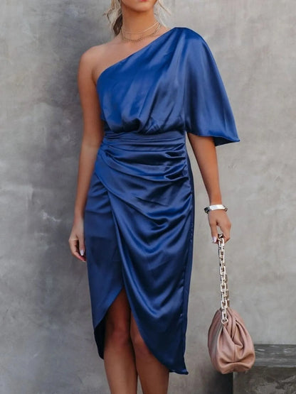 One-Shoulder Satin Wrap Dress with Side Slit – photo 17