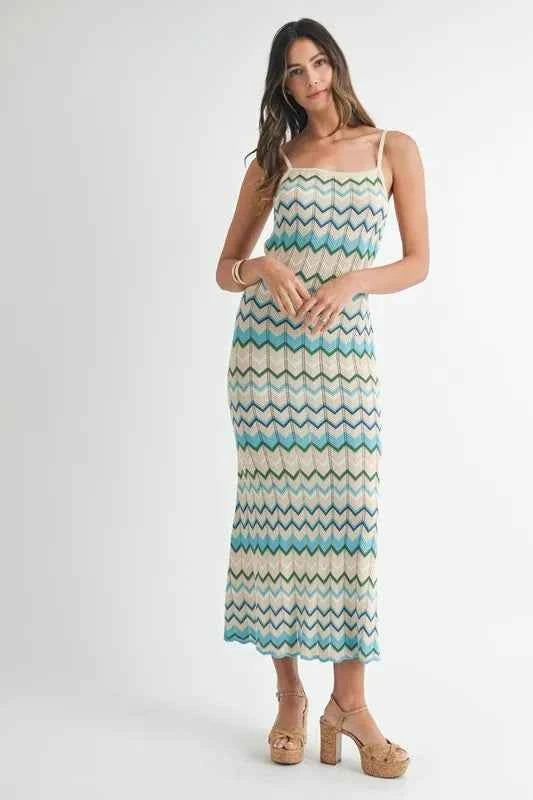 MABLE Lightweight Pointelle Chevron Knit Maxi Dress