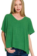 Ribbed V-Neck Short-Sleeve Knit Top in K Green — Livostyle