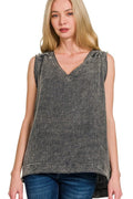 Double Gauze Raw Edge Acid Washed Tank in Ash Black — Livostyle