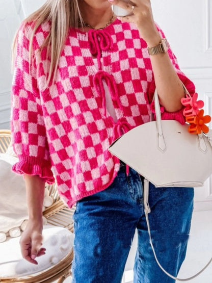 Checkered Tie-Front Knit Cardigan styling — Livostyle