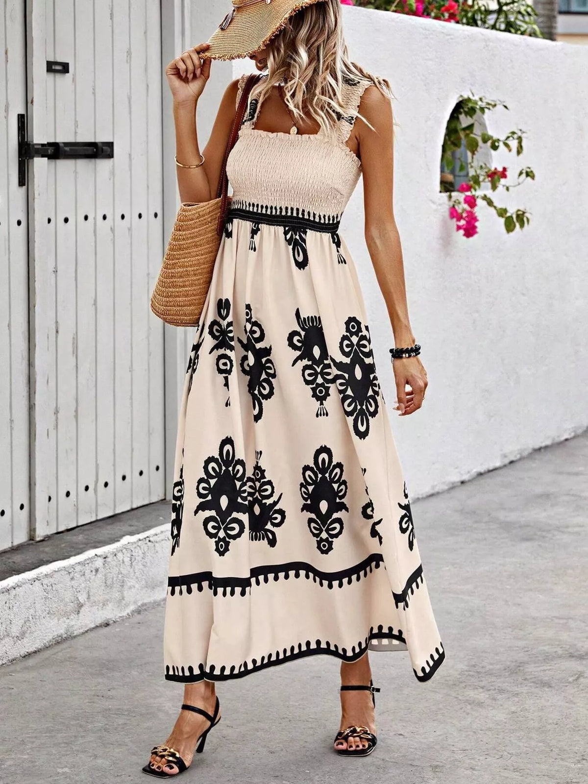 Smocked Printed Square Neck Ruffle Maxi Dress in Tan