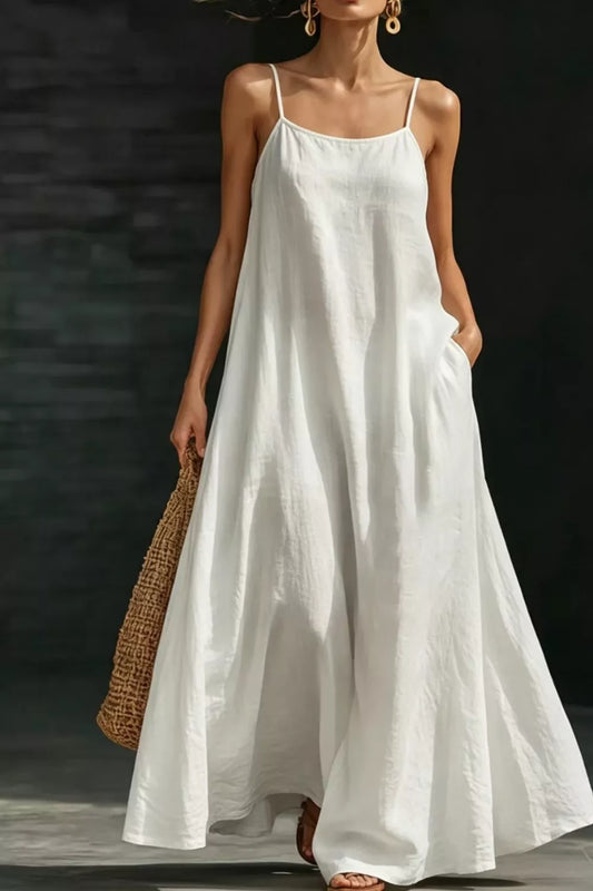 Sleeveless Loose Fit Maxi Dress with Pockets in White