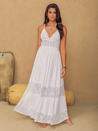 Lace Detail Crochet Tiered Maxi Cami Dress — Livostyle