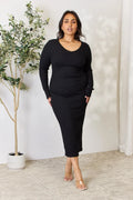 Ribbed Long Sleeve Midi Slit Dress in Black