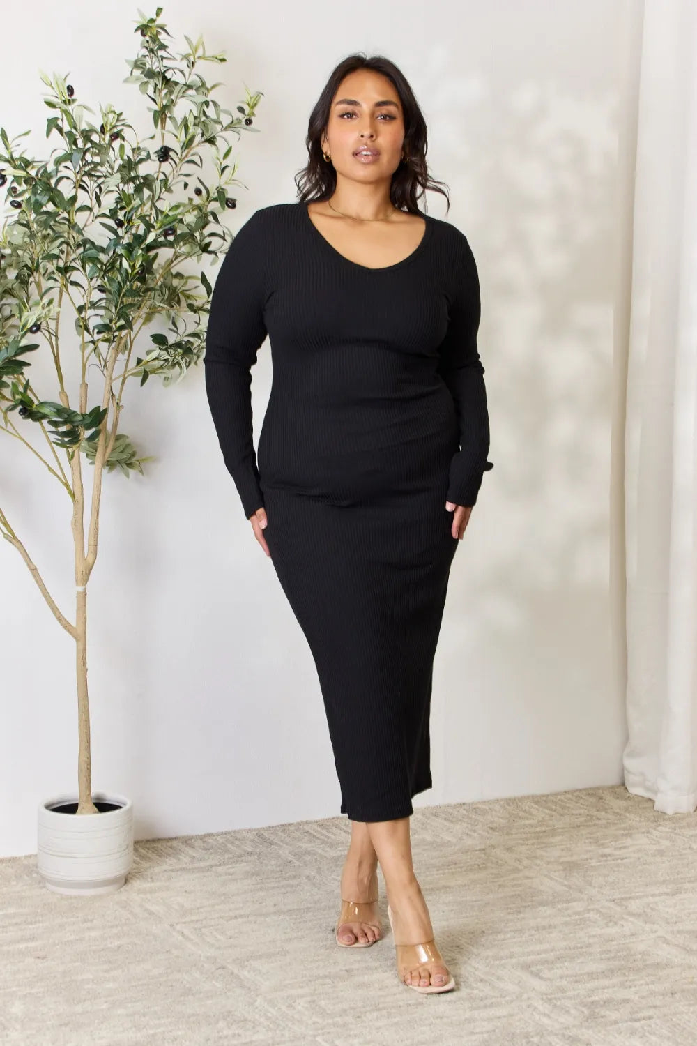 Ribbed Long Sleeve Midi Slit Dress in Black