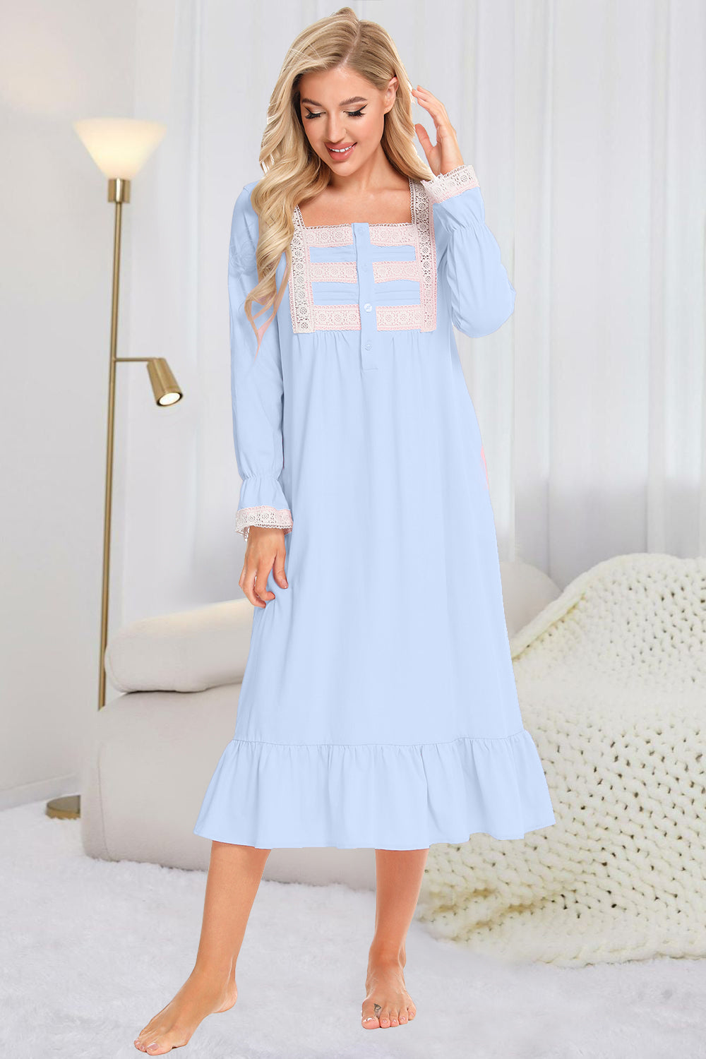 Lace Detail Square Neck Flounce Sleeve Night Dress — Livostyle